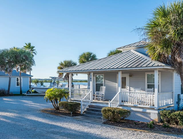 Fishing resort with waterfront cabins and boat docks.